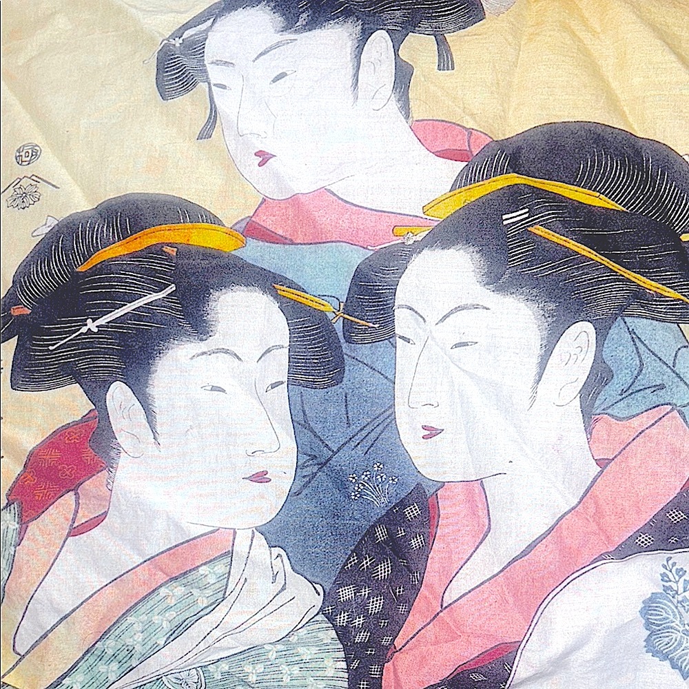 Kitagawa Utamaro Three Beauties of the Present Day, auth remake on textile art
